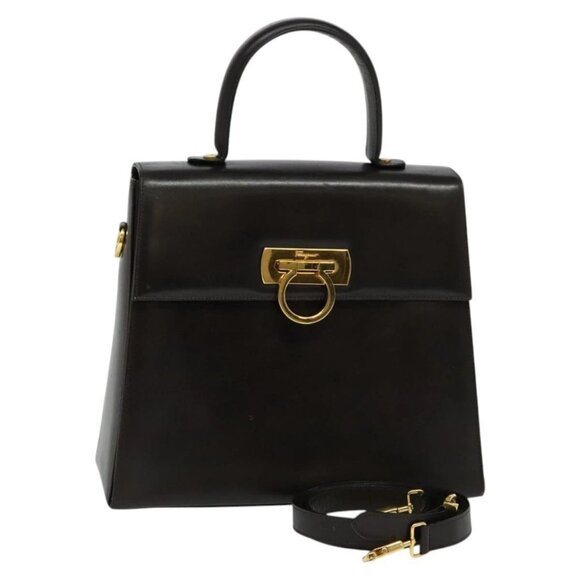 Salvatore Ferragamo Gancini Hand Bag Leather 2way Brown Gold Auth kk498 - Picture 1 of 16
